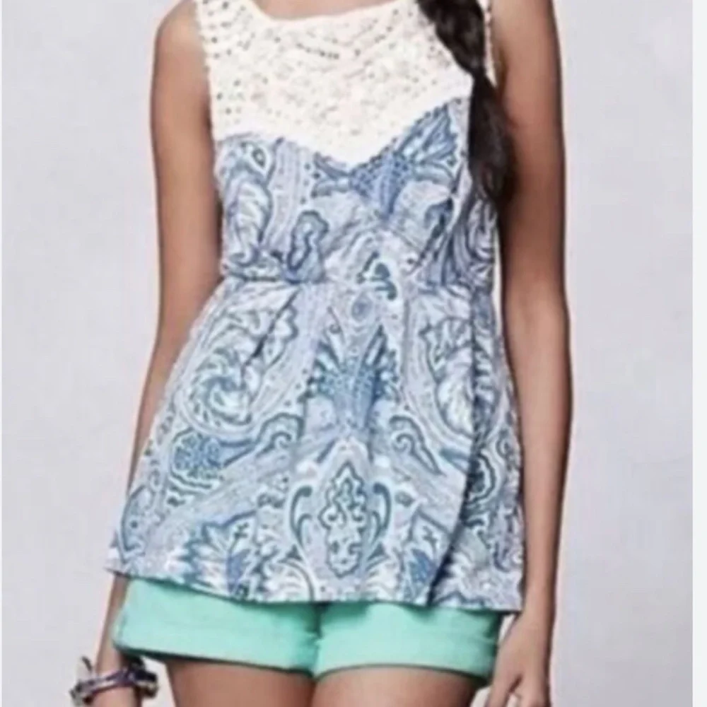 Anthropologie Blue Crocheted Trim Sleeveless Blouse - Delete - Picture 1 of 4